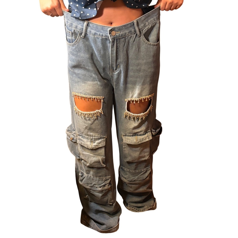 JEANS Cargo Women XXL Light Blue Good Rhinestone Fringe Wide Leg